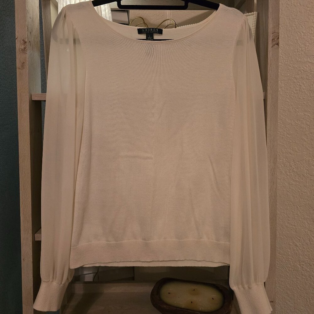 Lauren Ralph Lauren Cream Sweater, Sheer Sleeve Sz L